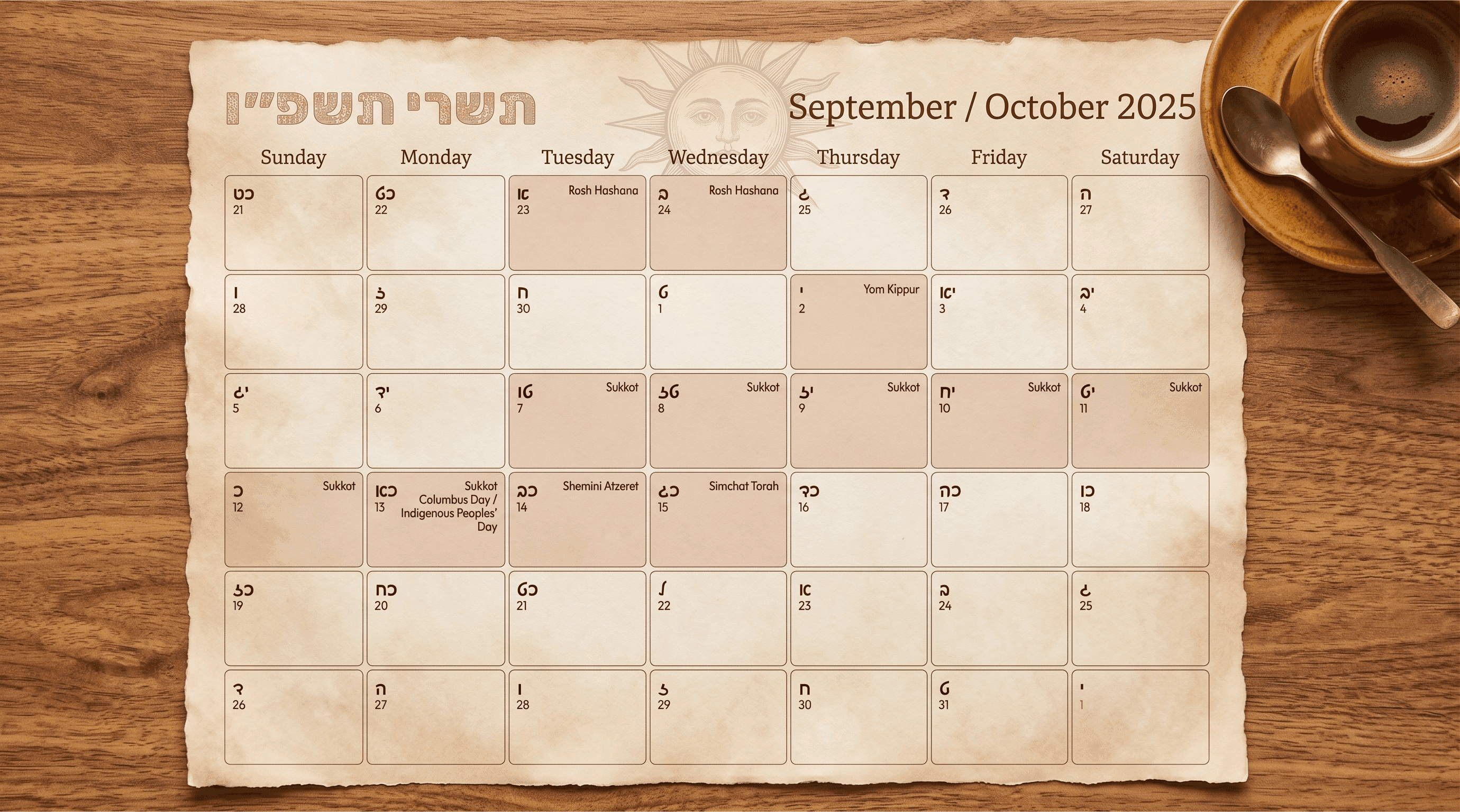 Printed Hebrew-Gregorian calendar on a warm wood desk